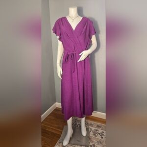DKNY V-Neck Tie Front Back Zip Ruffled Sleeve Midi Dress Size 14